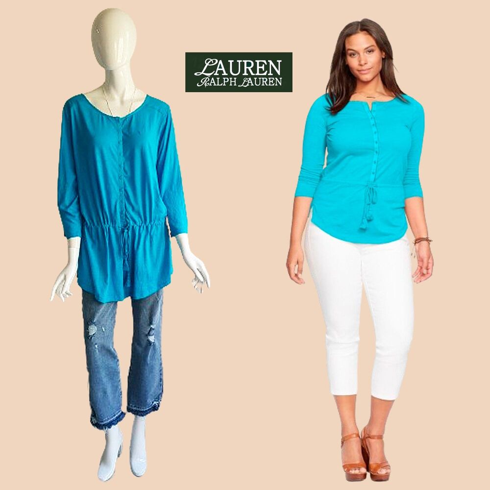 LAUREN RALPH LAUREN NEW Teal Embroidered Tassel Tunic Top 2X